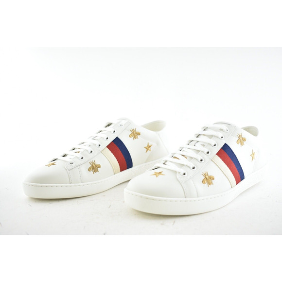 Gucci New Ace White Star Bee Gold GG Logo Flat Low Top Lace Up Tie Sneaker 42 - Picture 9 of 12